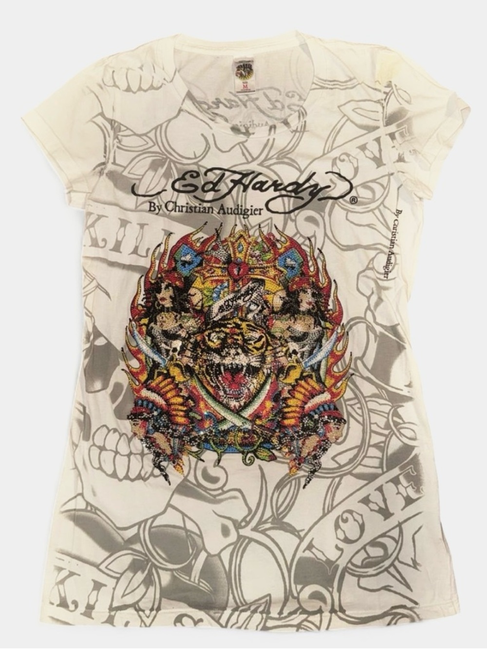 Ed Hardy White Short Sleeve Tee with Multicolor Rhinestone Tiger Crest - Picture 2 of 4